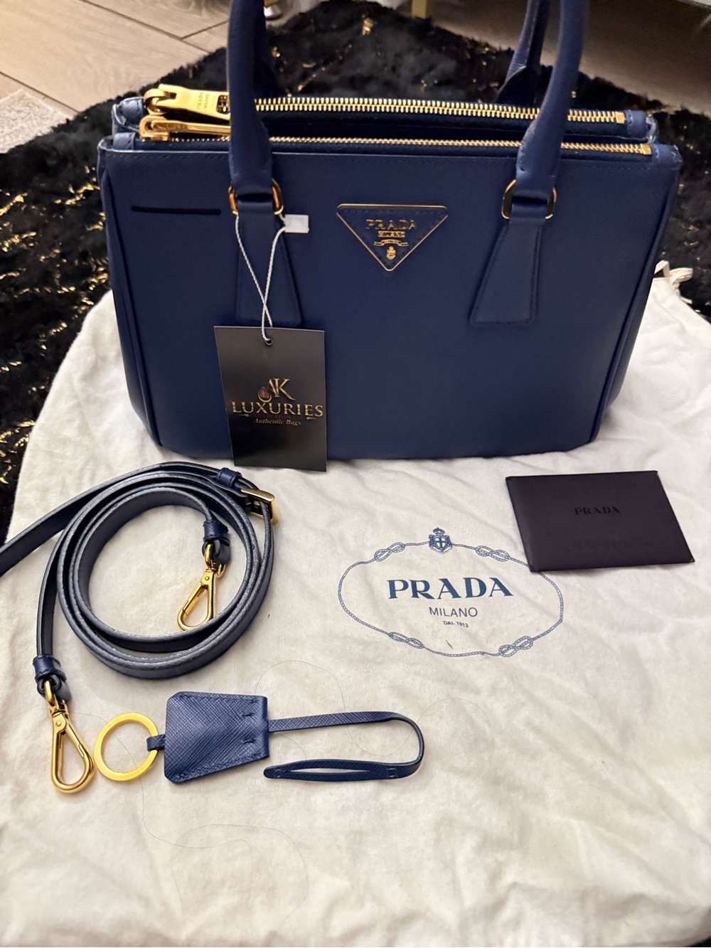 Prada Navy Saffiano Leather Double-Handle Satchel with Gold Hardware - Picture 2 of 16